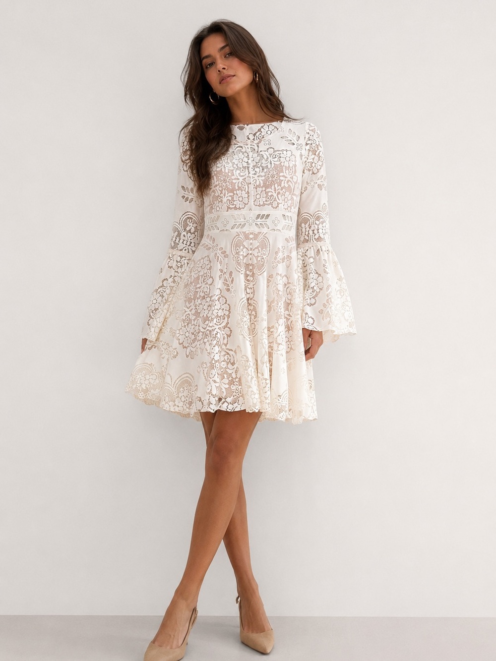 Free People Cream Lace Fit & Flare Bell Sleeve Dress Size 2